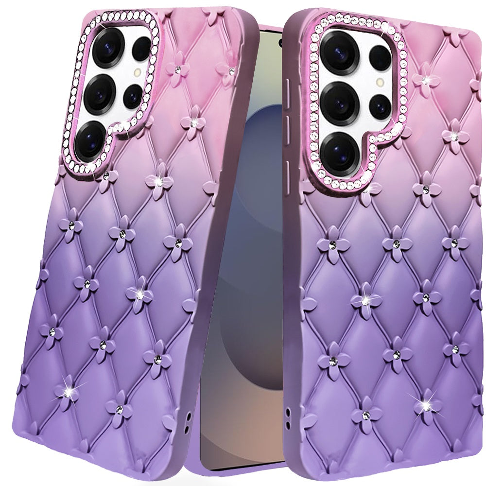 For Samsung Galaxy S25 Ultra Fashion Flower Design Sparkle Glitter Shimmer Rhinestone Bling Floral Accents, Leather Texture TPU Case Cover Light Blue/Light Pink