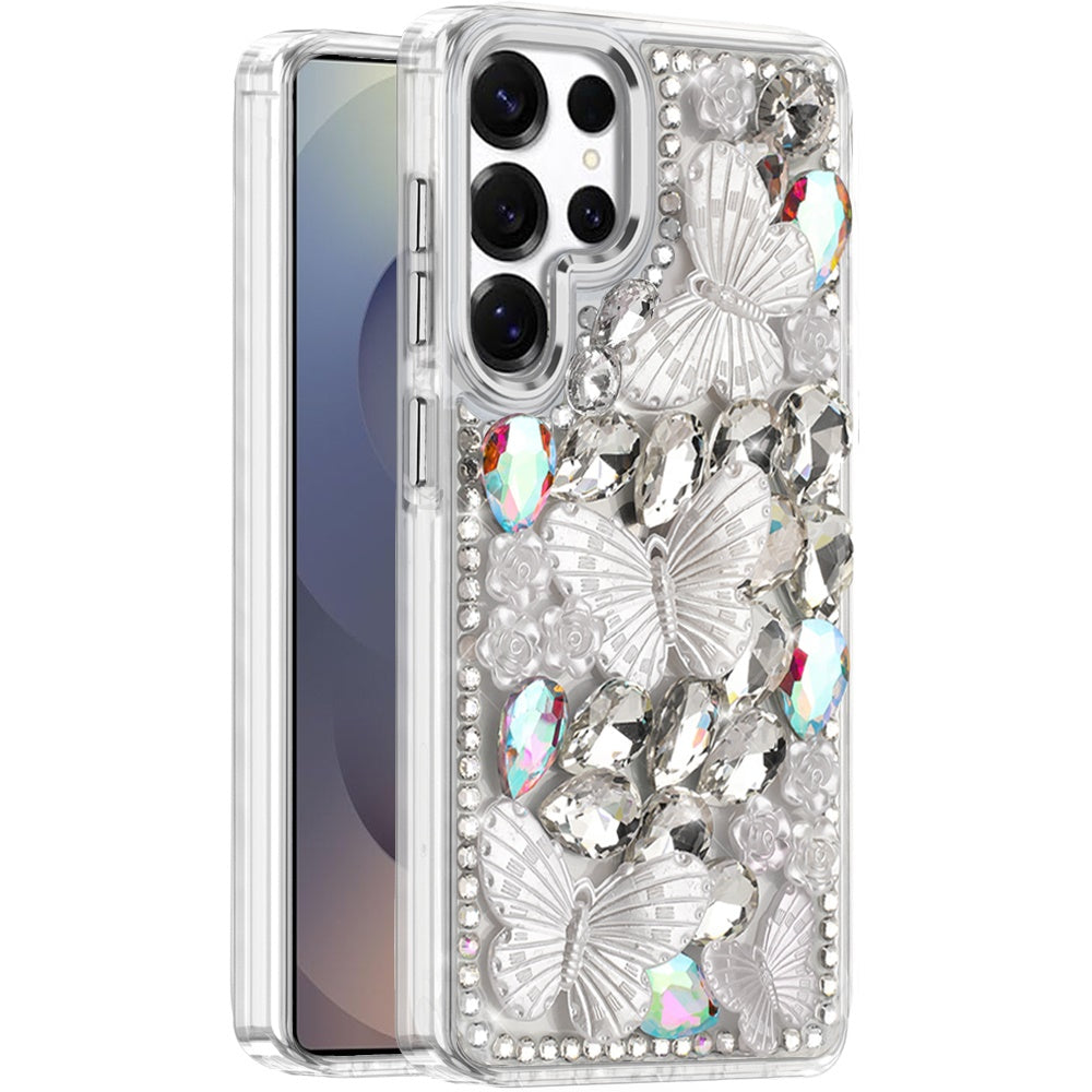 For Apple iPhone 16 Pro Max 3D Diamond Floral Butterfly Bling Stone Hybrid, Sparkly Rhinestone Gemstone Back Shockproof Case Cover
