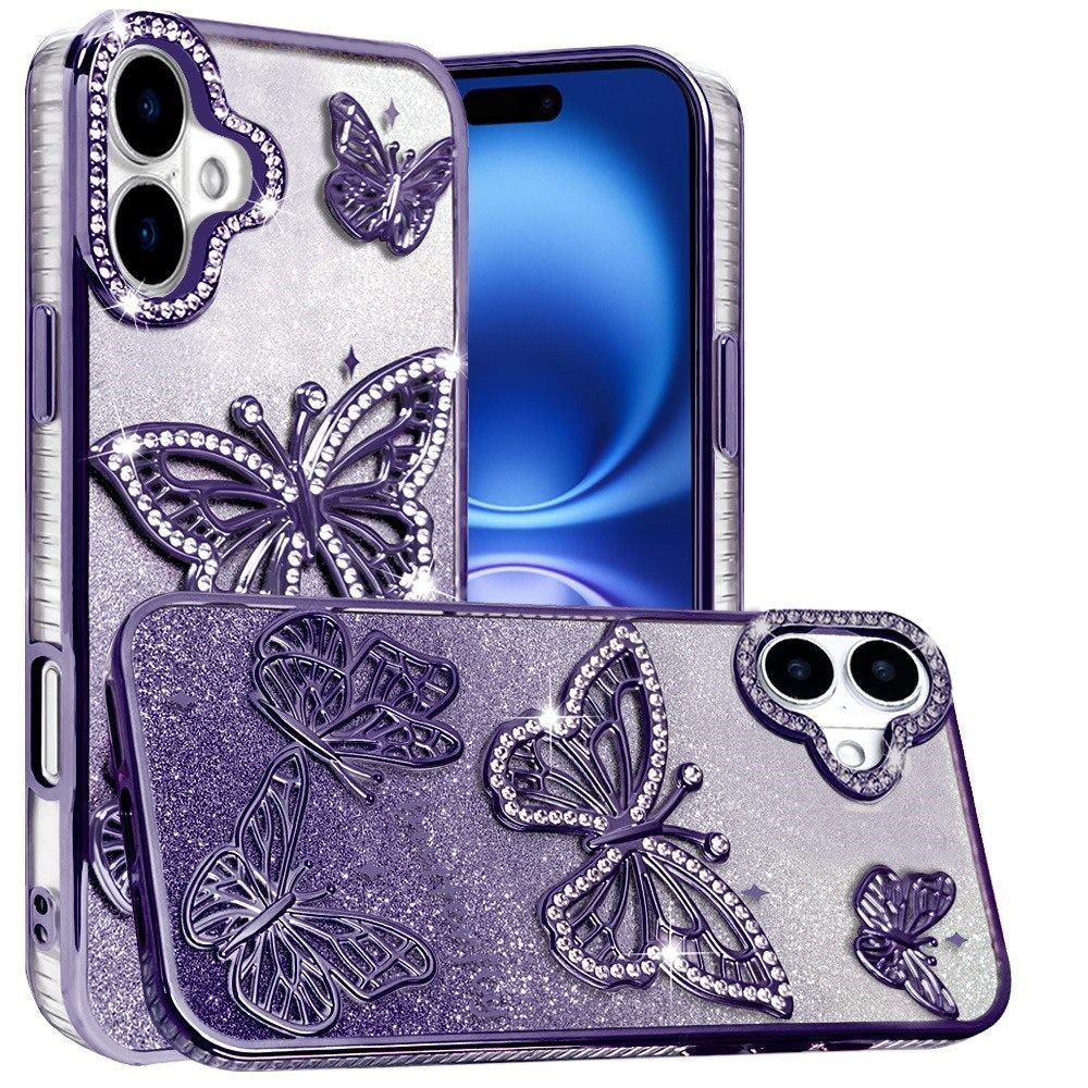 For Apple iPhone 17 (6.3") Luxury Butterfly Sparkle Glitter Diamond Crystal Rhinestone Shimmer Bling Plating Thick TPU Hard PC Case Cover