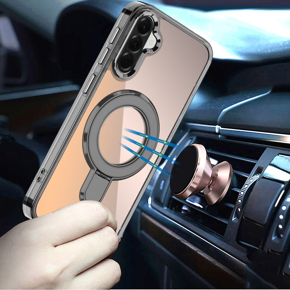 For Samsung Galaxy A57 Chrome Hybrid with Rotating Magnetic Circle Ring Stand, Slim Shockproof Hybrid Case Cover