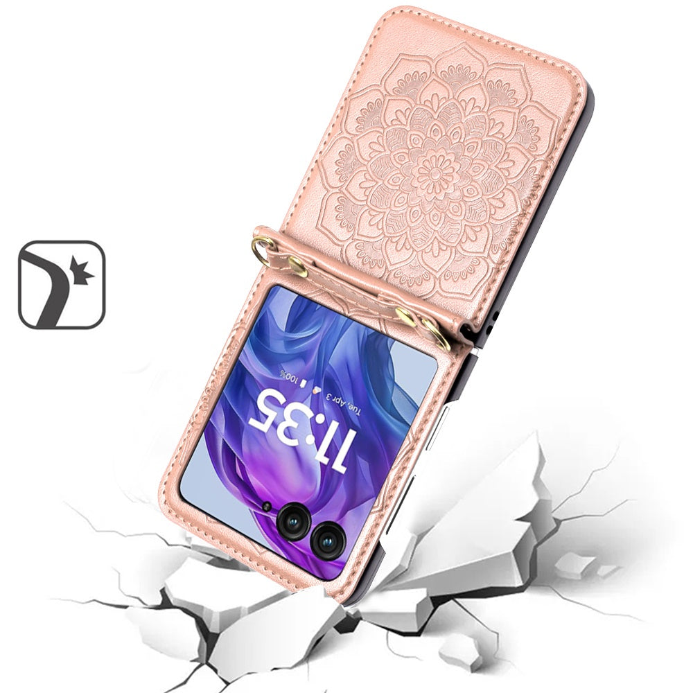 For For Samsung Galaxy Z Flip 7 FE Embossed Floral PU Leather Henna Mandala Design Flip Cover with Strap, Hybrid Protective Case Cover Rose Gold