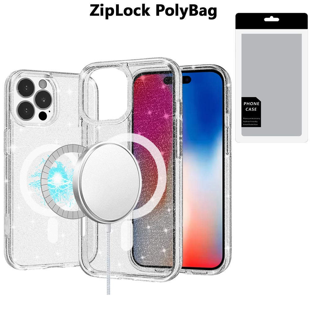 Phone Case for Apple iPhone 16 Pro Glitter Magnetic Transparent Shockproof Hybrid Thick 3mm Grip Durable Camera Protection Anti-Slip Cover Clear
