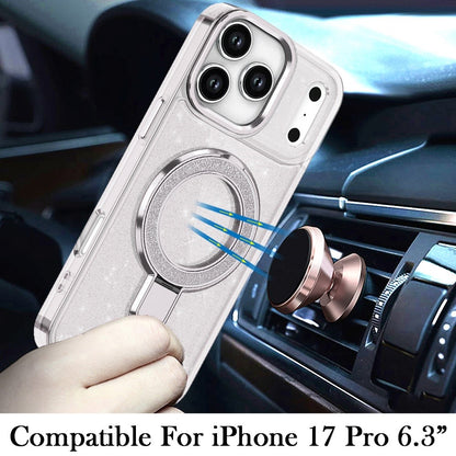 For Apple iPhone 17 Pro (6.3") Transparent Glitter Bling Case with Rotating Magnetic Ring Stand, Shockproof Hybrid Case Cover