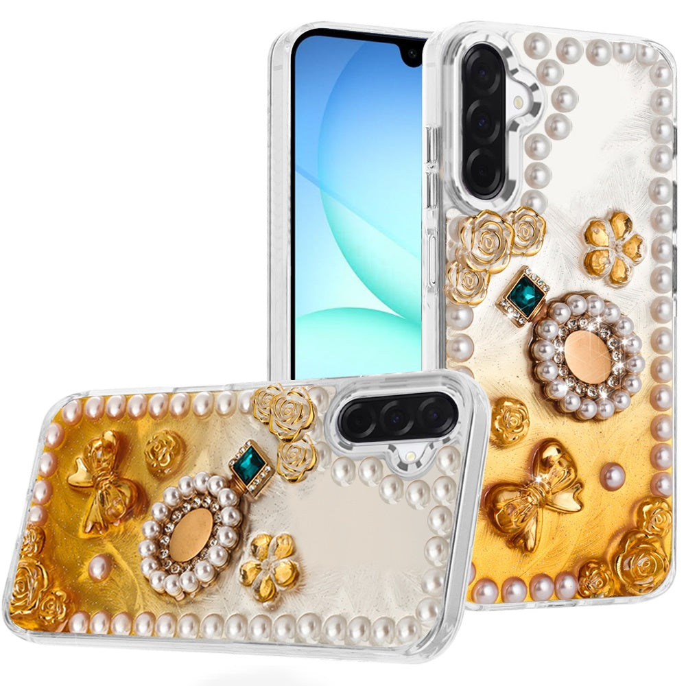 For Samsung Galaxy A17 5G Bling Fashion Design with 3D Pearls Epoxy Glitter Ornaments Chrome Edge Hard Slim PC Case Cover Fashion Yellow