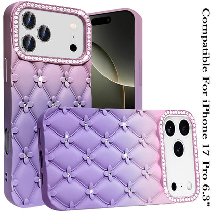 For Apple iPhone 17 Pro (6.3") Fashion Flower Design Sparkle Glitter Shimmer Rhinestone Bling Floral Accents, Leather Texture TPU Case Cover