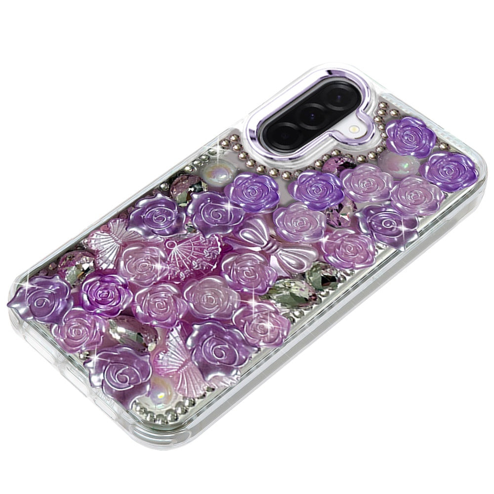 For Samsung Galaxy A57 Muti-Color Floral Fashion Bling Crystal 3D Full Diamonds Stones Sparkle Rhinestone Glitter Hybrid Case Cover