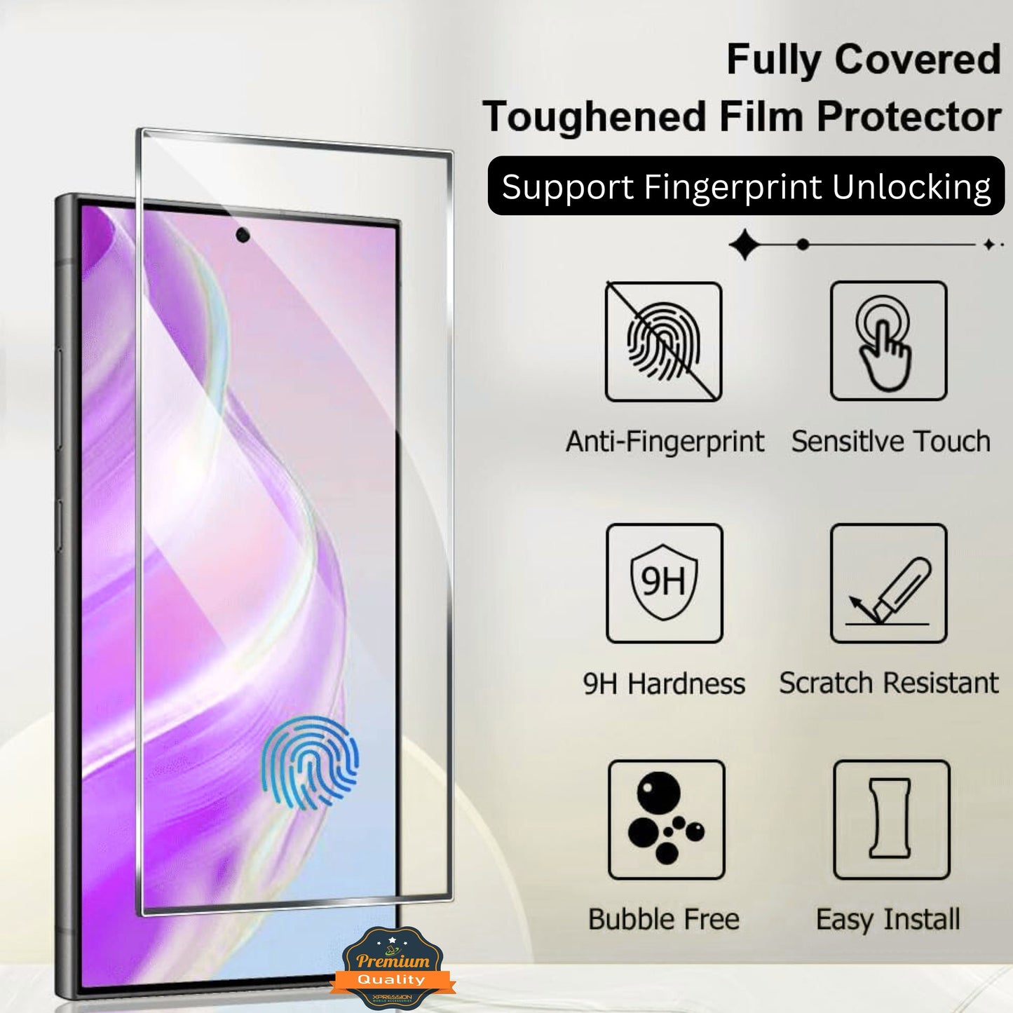 Screen Protector for Samsung Galaxy S23 Ultra Tempered Glass 3D Curved Edge Full Glue Fingerprint Unlock HD Clear Bubble Free Sensitive Touch Screen Guard Cover Tempered Glass