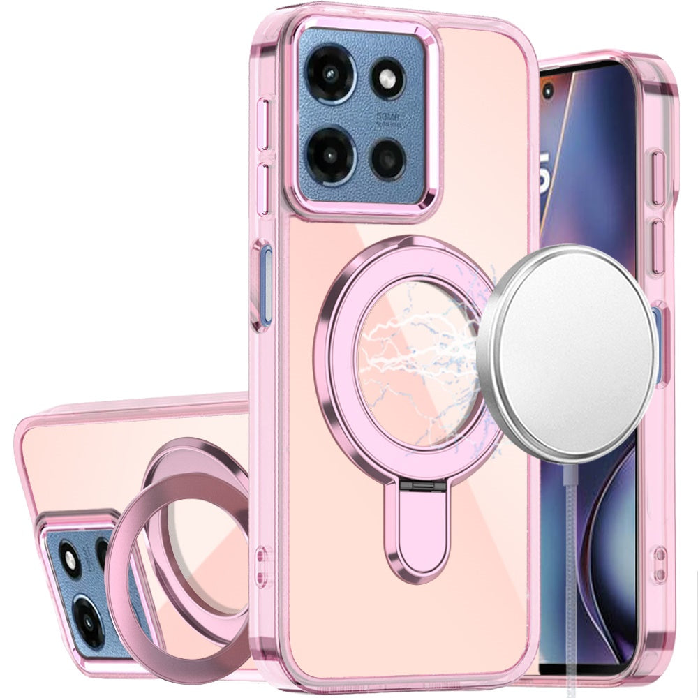 Phone Case for Motorola Moto G Play 5G 2026 Chrome Magnetic Ring Stand Rotational Shockproof Hybrid Kickstand Metal Finish Rugged Drop Protection Armor Cover Light Pink
