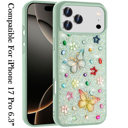 For Apple iPhone 17 Pro (6.3") Diamond Butterfly 3D Glitter Bling Design, Slim Hybrid Sparkle Protective Cover TPU for Women Girls Case Cover
