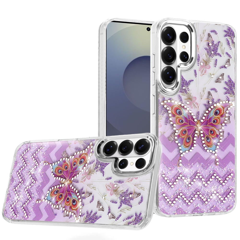 For Apple iPhone 17E /16E Butterfly Resin Epoxy Diamond Design Metal Edged Hybrid Shockproof Heavy Duty Drop Protection Case Cover