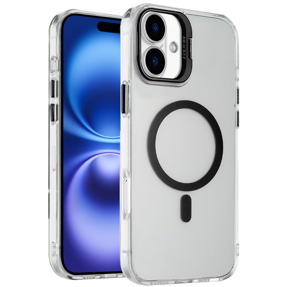 For Apple iPhone 17 (6.3") Magnetic Back MagSafe Compatible Transparent Hybrid Drop Protection with Metallic Camera Stand Case Cover