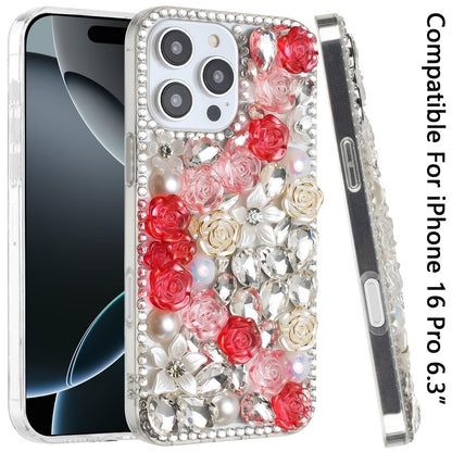 For Apple iPhone 16 Pro (6.3") Fashion Rose Flower Floral Bling Crystal 3D Full Diamonds Pearl Sparkle Rhinestone Glitter Hybrid Case Cover
