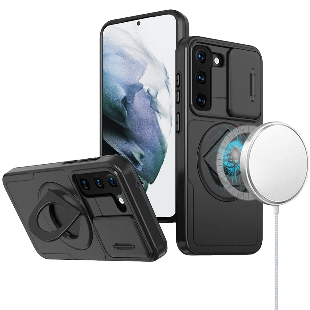 For Samsung Galaxy S21 Full Coverage with Camera Window, Magnetic Circle, Rotatable Ring Stand, MagSafe Compatible, Shockproof Hybrid Protectiv Case Cover