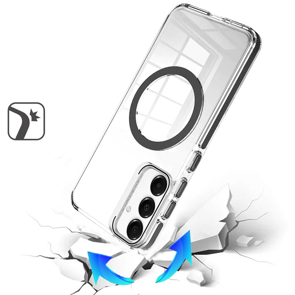 For Samsung Galaxy A06 Built-in Camera Kick-Stand, Compatible with MagSafe, Transparent Colorful Edged Tough Hybrid TPU Case Cover Clear Black