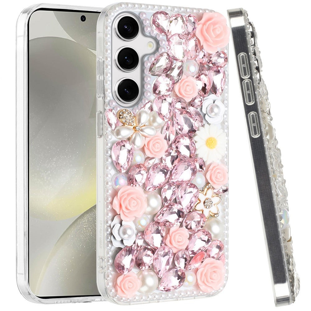 For Apple iPhone 17E /16E Fashion Rose Flower Floral, 3D Bling Crystal Full Diamonds Pearl Sparkle Rhinestone Glitter Hybrid Case Cover Pink