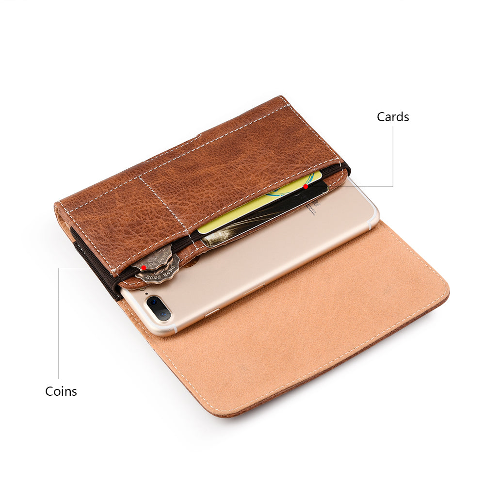 For Apple iPhone 16 Pro (6.3") Universal Horizontal Cell Phone Leather Pouch Holster Carrying Case with Credit Card Slots & Belt Clip Loop Cover [Brown]