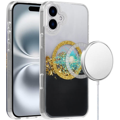 For Apple iPhone 16 Plus (6.7") Premium Transparent Epoxy Glitter Bling Magnetic Circle Compatible with MagSafe Hybrid Sparkle TPU Case Cover