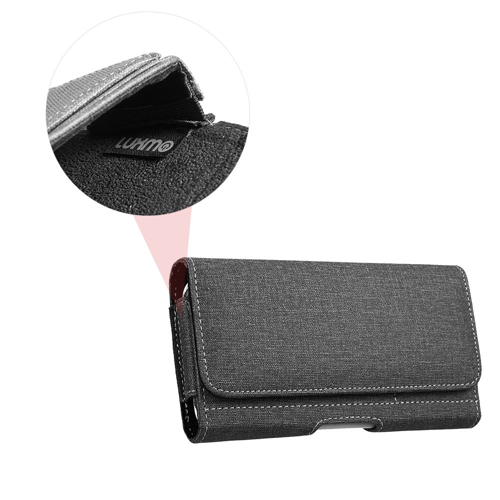 For Apple iPhone 16 Pro (6.3") Universal Horizontal Cell Phone Fabric Pouch Holster Carry Case Magnetic Closure with Credit Card Slots Coins Holder & Belt Clip Loop (XL) [Black]