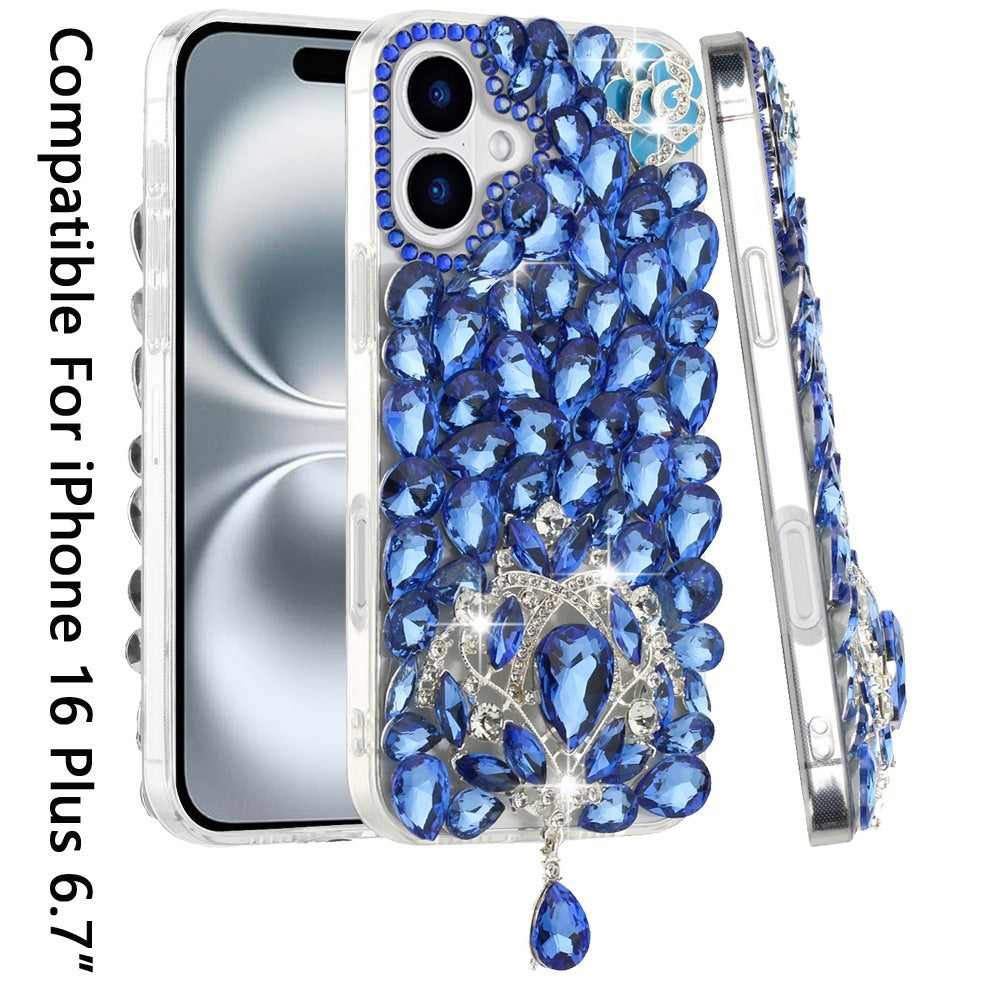 For Apple iPhone 16 Plus (6.7") Bling Crystal 3D Full Diamonds Jewelry Luxury Sparkle Rhinestone Glitter Hybrid Protective Case Cover