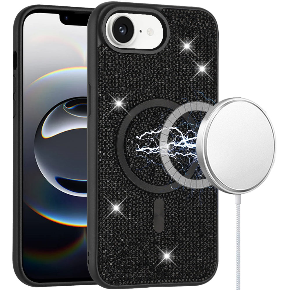 For Apple iPhone 17E /16E Sparkly Diamond Bling Case Rhinestone Skin Hybrid with Magnetic Circle, MagSafe Compatible Case Cover Black