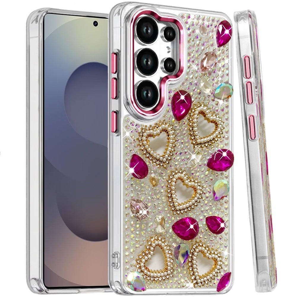 Phone Case for Samsung Galaxy S25 Ultra Luxury Crystal Heart Rhinestone Diamond Bling Shockproof Hybrid Glitter Protective Stylish Durable Grip Cover