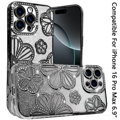 Phone Case for Apple iPhone 16 Pro Max Shimmer Glitter Floral Thick TPU Grip Cover Black