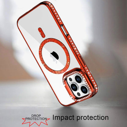 Phone Case for Apple iPhone 16 Pro Max Luxury Diamond Bling Edged Magnetic Glitter Shockproof Hybrid with Camera Kickstand Durable Grip Cover Orange