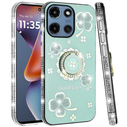 For Motorola Moto G Stylus 5G 2025 Diamonds Bling All Around Edges Sparkly Glitter Hybrid with Ring Stand Holder Fashion Good Luck Case Cover
