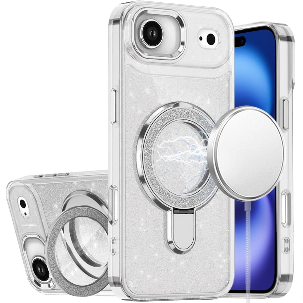 For Apple iPhone 17 Air (6.6") Transparent Glitter Bling Case with Rotating Magnetic Ring Stand, Shockproof Hybrid Case Cover Light Pink