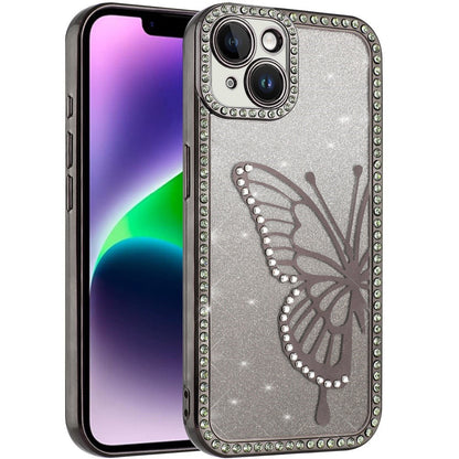 For Apple iPhone 17E /16E Butterfly Glitter Diamond Shimmer Hybrid Slim & Stylish Electroplated Sparkly Bling Shockproof TPU Protective Case Cover Black