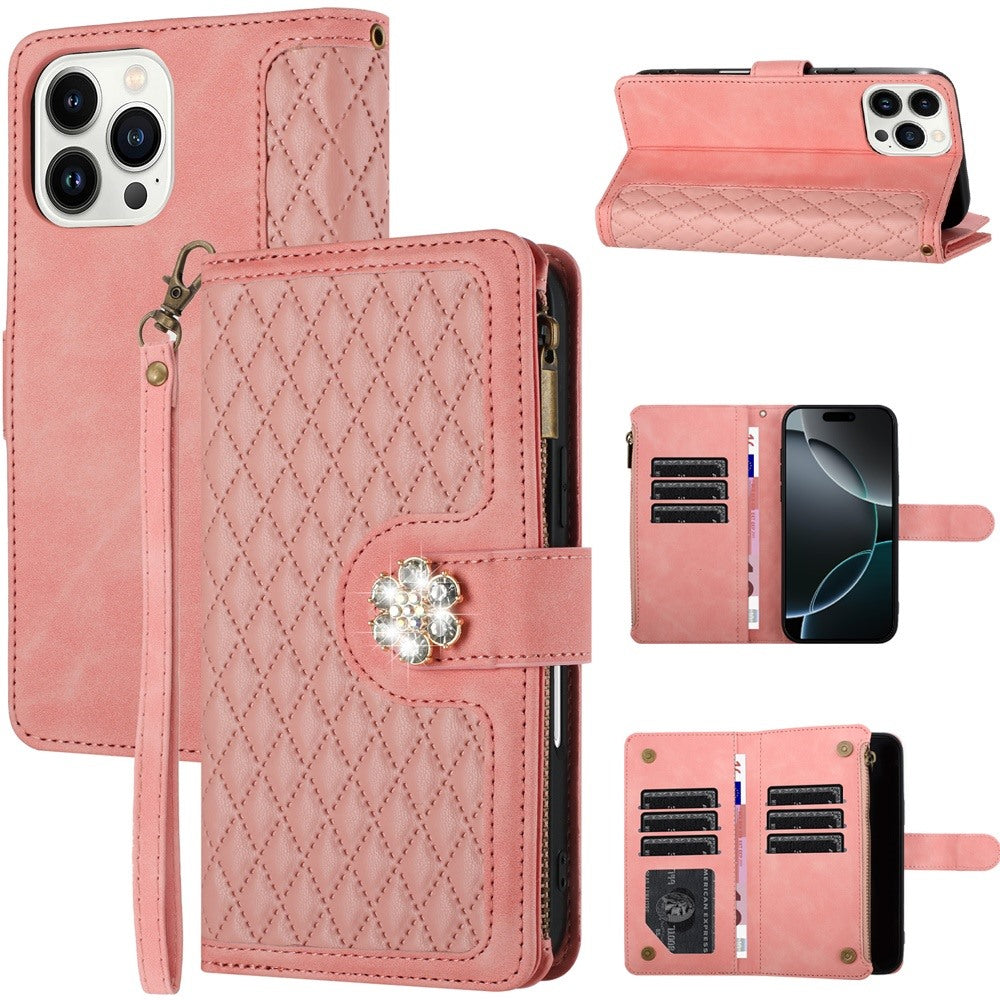 For Apple iPhone 16 Pro (6.3") PU Leather Wallet Design Jewel Bling with Credit Card Holder Flip Folio Pouch Zipper Purse Wrist Strap Case Cover