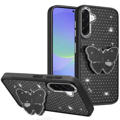 For Samsung Galaxy A37 Butterfly Moveable Grip 3D Pop Stand Full Diamond Bling Sparkling TPU Fashion Hybrid Case Cover