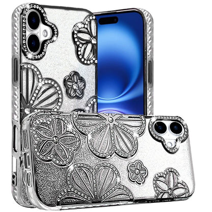 For Apple iPhone 17 (6.3") Luxury Flower Design Sparkle Glitter Diamond Rhinestone Shimmer Bling Plating Thick TPU Hard PC Case Cover