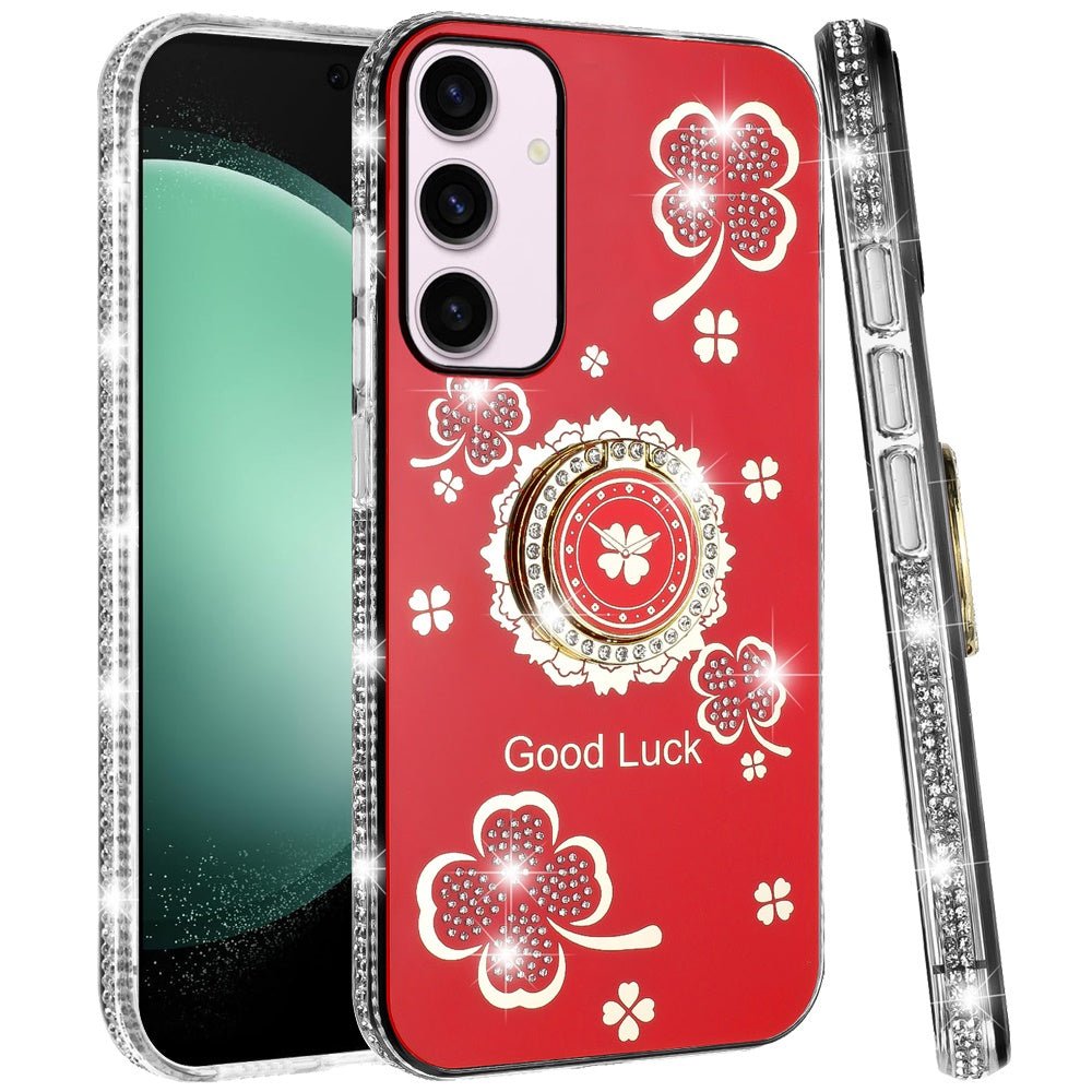 For Samsung Galaxy S23+ Plus Diamonds Bling All Around Edges Sparkly Glitter Hybrid Ring Stand Holder Fashion Good Luck Case Cover