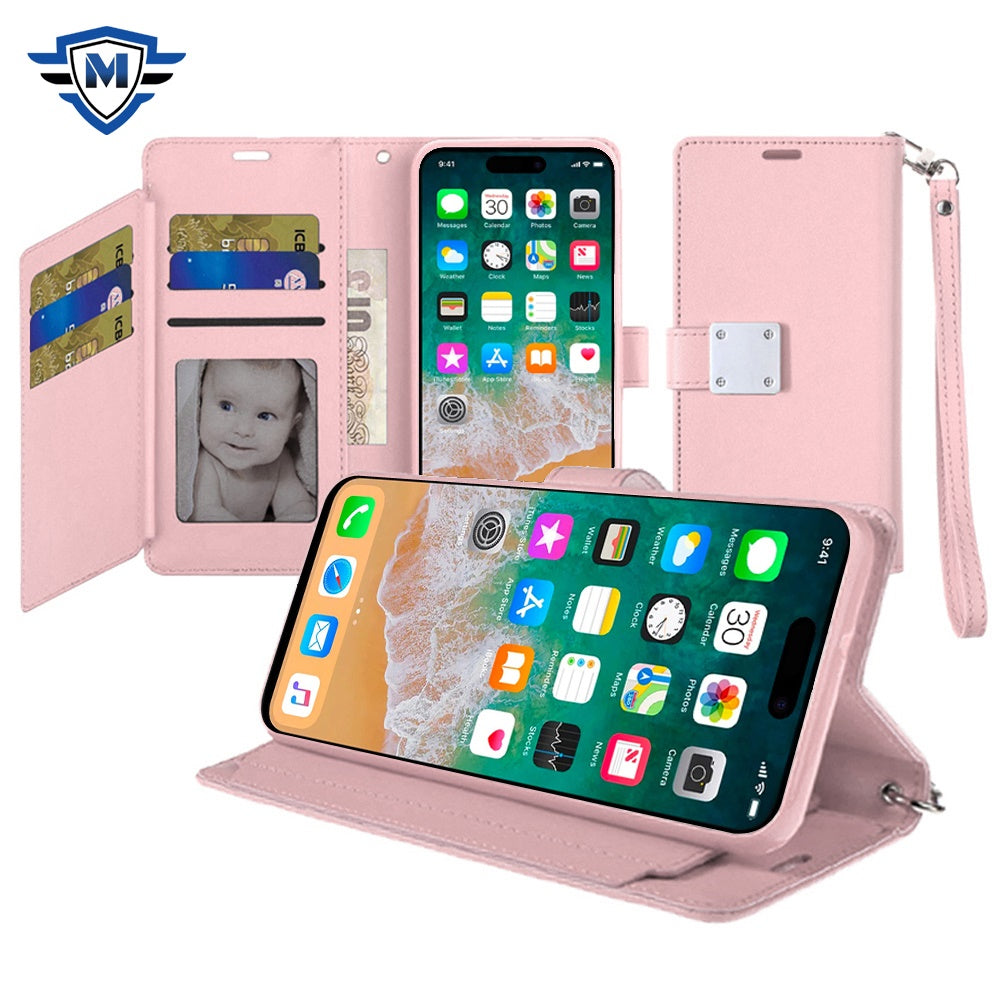 For Apple iPhone 16 Pro Max (6.9") Premium Leather Wallet with Credit Card ID Slots Cash Holder Duo Flip Pouch Stand and Strap Case Cover