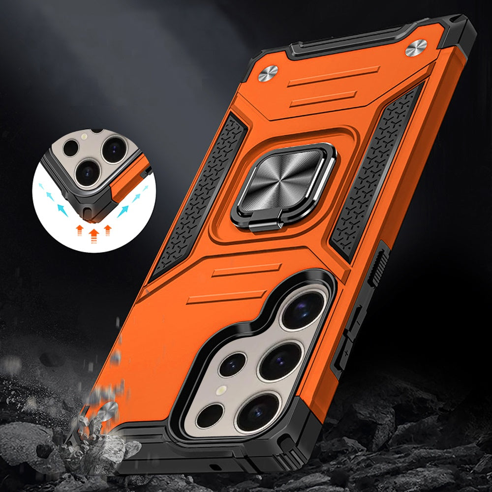For Samsung Galaxy S25 Ultra Armor Hybrid Magnetic Stand with Ring Holder Kickstand Shockproof Heavy-Duty Durable Rugged TPU Dual Layer Case Cover Cosmic Orange