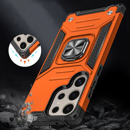 For Samsung Galaxy S25 Ultra Armor Hybrid Magnetic Stand with Ring Holder Kickstand Shockproof Heavy-Duty Durable Rugged TPU Dual Layer Case Cover Cosmic Orange