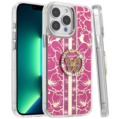 For Apple iPhone 15 Pro Max Diamonds 3D Butterfly Floral Design Bling Sparkly Glitter Hybrid Metal Fashion with Ring Stand Case Cover