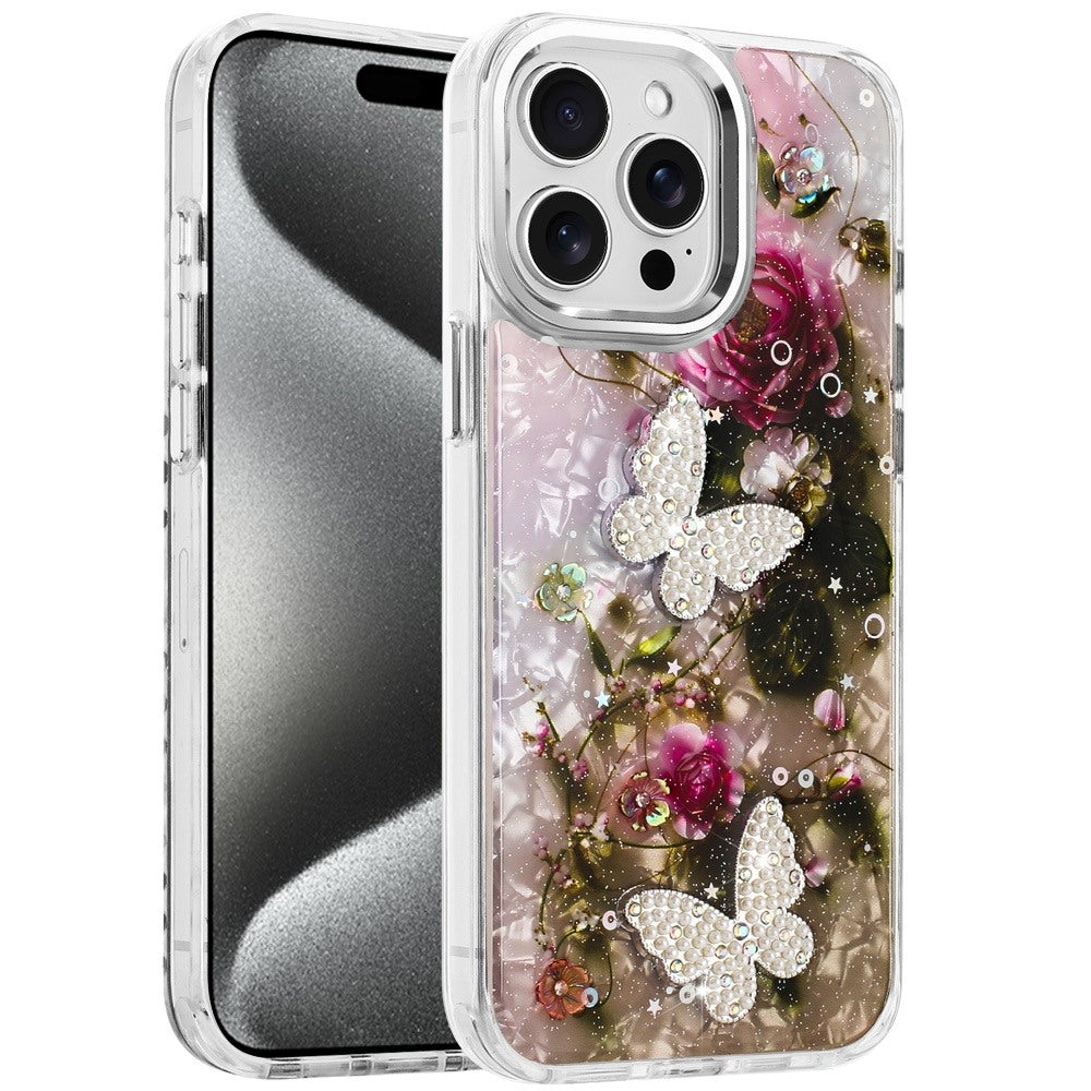 For Apple iPhone 15 Pro Max Epoxy Glitter Flowers Bling 3D Butterfly Fashion TPU Hybrid with Shockproof Protection Case Cover