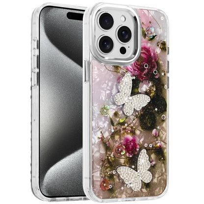 For Apple iPhone 16 Pro Max Epoxy Glitter Flowers Bling 3D Butterfly Fashion TPU Hybrid with Shockproof Protection Case Cover