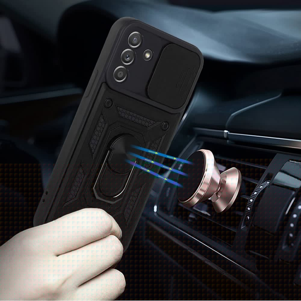 For Samsung Galaxy A15 5G Hybrid Case with Slide Camera Lens Cover, Ring Kickstand, Heavy-Duty Dual Layer TPU, Fit Magnet Car Mount Case Cover