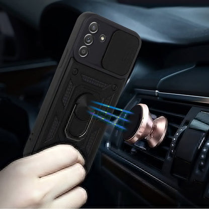 For Samsung Galaxy A15 5G Hybrid Case with Slide Camera Lens Cover, Ring Kickstand, Heavy-Duty Dual Layer TPU, Fit Magnet Car Mount Case Cover