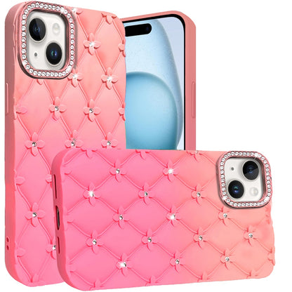 For Apple iPhone 11 Fashion Flower Design Sparkle Glitter Shimmer Rhinestone Bling Floral Accents, Leather Texture TPU Case Cover Orange /Pink