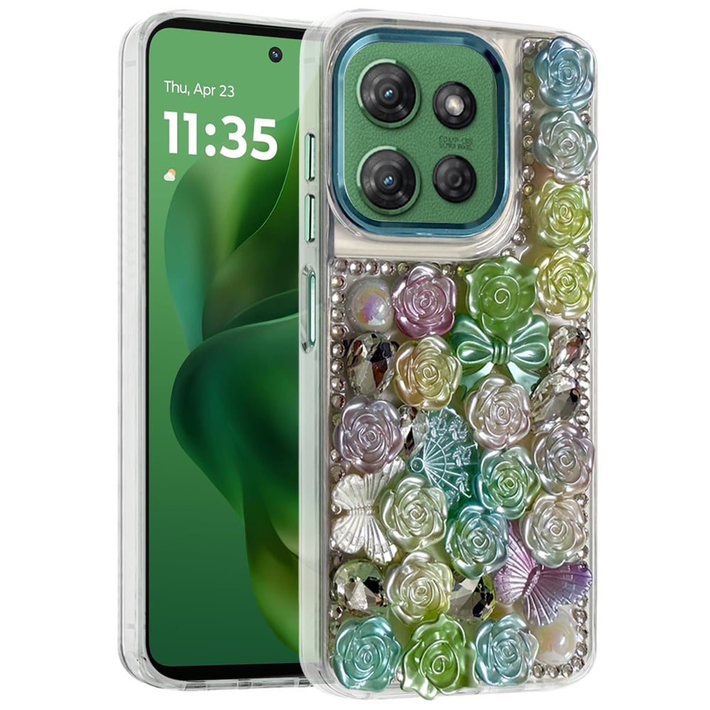 For Motorola Moto G Power 5G 2026 /2025 3D Diamond Floral Roses Flower Bling Stone Hybrid, Sparkly Rhinestone Gemstone Back Shockproof Case Cover