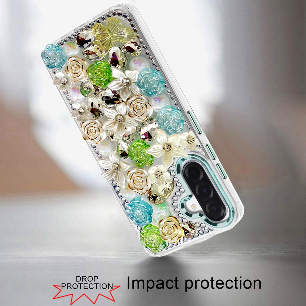 For Samsung Galaxy A37 3D Diamond Floral Roses Flower Bling Stone Hybrid, Sparkly Rhinestone Gemstone Back Shockproof Case Cover