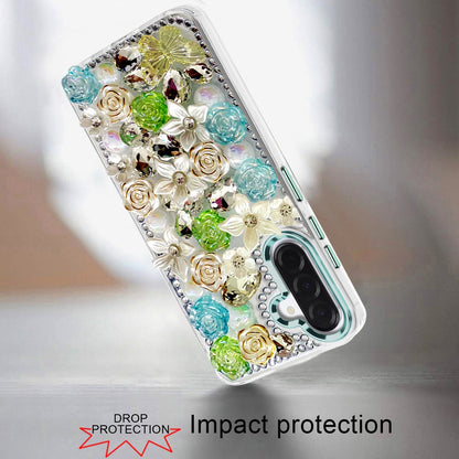 For Samsung Galaxy A37 3D Diamond Floral Roses Flower Bling Stone Hybrid, Sparkly Rhinestone Gemstone Back Shockproof Case Cover
