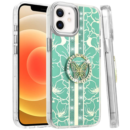 For Apple iPhone 16 (6.1") Diamonds 3D Butterfly Floral Design Bling Sparkly Glitter Hybrid Metal Fashion with Ring Stand Case Cover