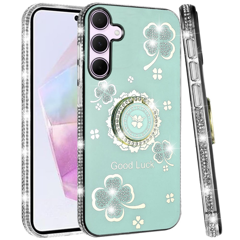 For Samsung Galaxy A36 Diamonds Bling All Around Edges Sparkly Glitter Hybrid with Ring Stand Holder Fashion Good Luck Case Cover