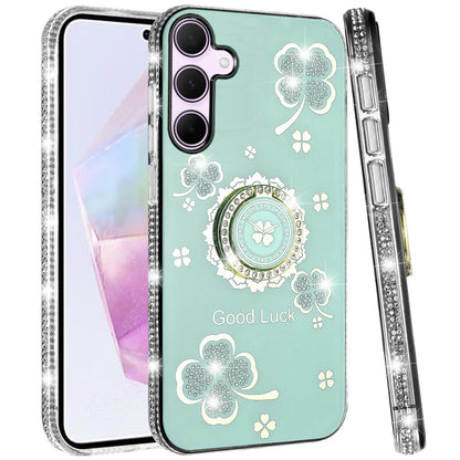 For Samsung Galaxy A36 Diamonds Bling All Around Edges Sparkly Glitter Hybrid with Ring Stand Holder Fashion Good Luck Case Cover