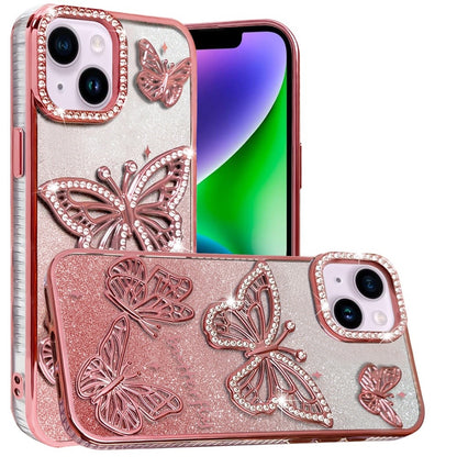For Apple iPhone 17E /16E Luxury Butterfly Sparkle Glitter Diamond Crystal Rhinestone Shimmer Bling Plating Thick TPU Hard PC Case Cover Rose Gold